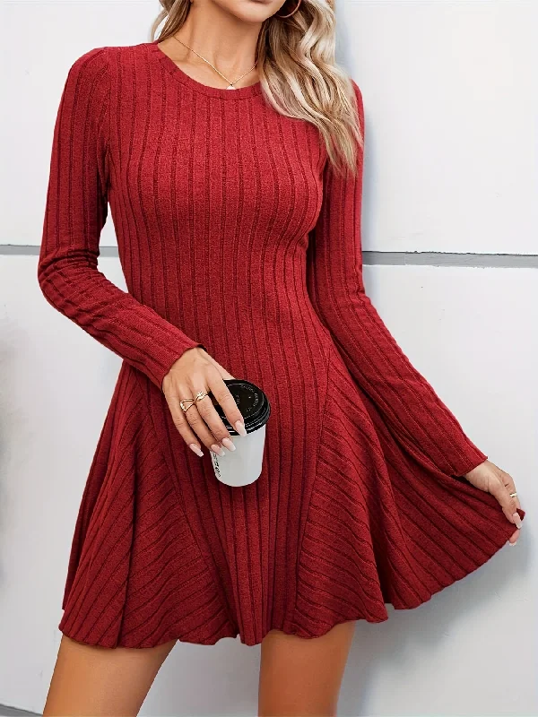Weekend Deals That Excite Sixsr Rib Knit Long Sleeve Flare Dress, Casual Crew Neck Dress For Spring & Summer, Women's Clothing Weekend Deals That Excite Sixsr Rib Knit Long Sleeve Flare Dress, Casual Crew Neck Dress For Spring & Summer, Women's Clothing