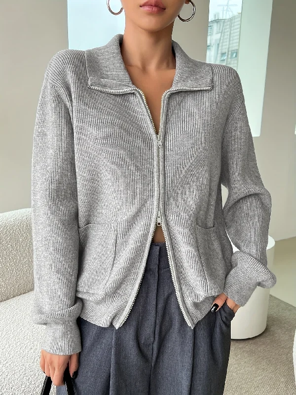 Exclusive Offer Sixsr Y2K Solid Zip Up Cardigan, Turndown Collar Long Sleeve Sweater For Fall & Winter, Women's Clothing Exclusive Offer Sixsr Y2K Solid Zip Up Cardigan, Turndown Collar Long Sleeve Sweater For Fall & Winter, Women's Clothing