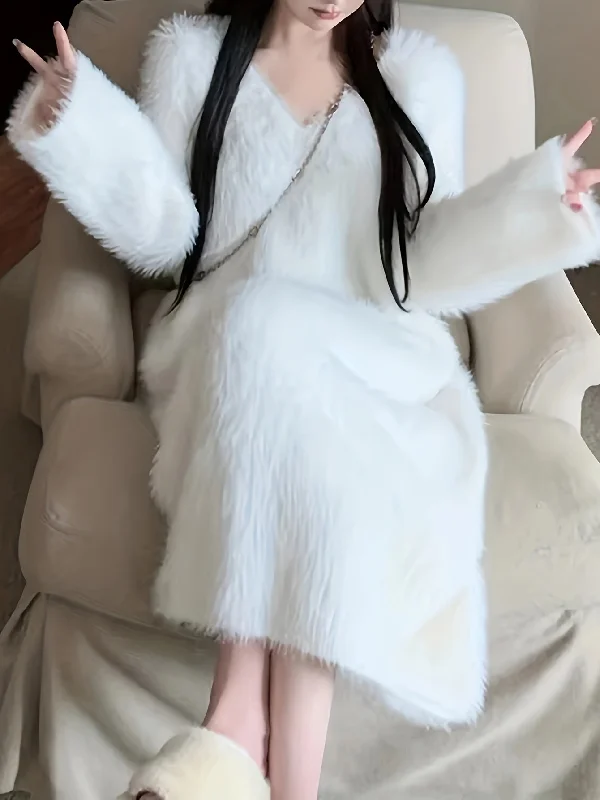 Weekend Deal Sixsr Solid Faux Fur Long Sleeve Dress, Thermal V Neck Dress For Fall & Winter, Women's Clothing Weekend Deal Sixsr Solid Faux Fur Long Sleeve Dress, Thermal V Neck Dress For Fall & Winter, Women's Clothing