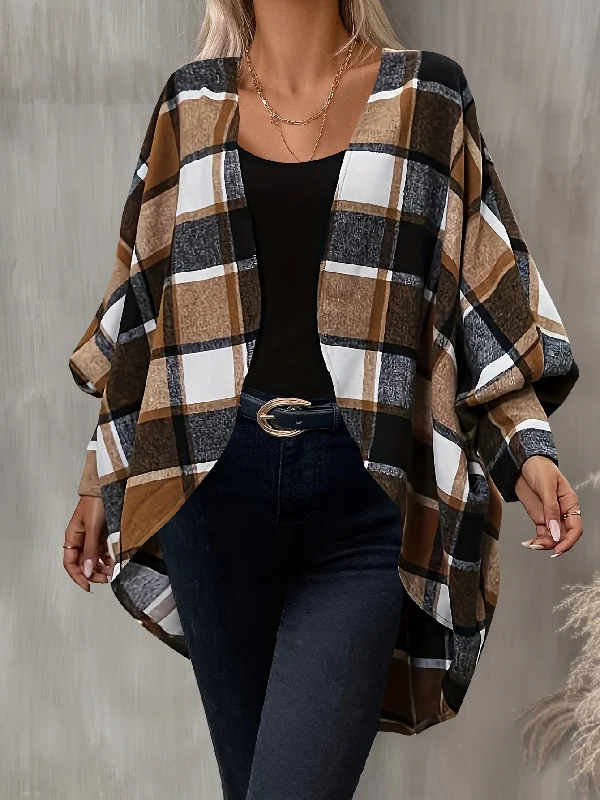 Reduced Rates Sixsr Plaid Print Open Front Cardigan, Batwing Cuff Sleeve Dipped Hem Cardigan For Spring & Fall, Women's Clothing Reduced Rates Sixsr Plaid Print Open Front Cardigan, Batwing Cuff Sleeve Dipped Hem Cardigan For Spring & Fall, Women's Clothing