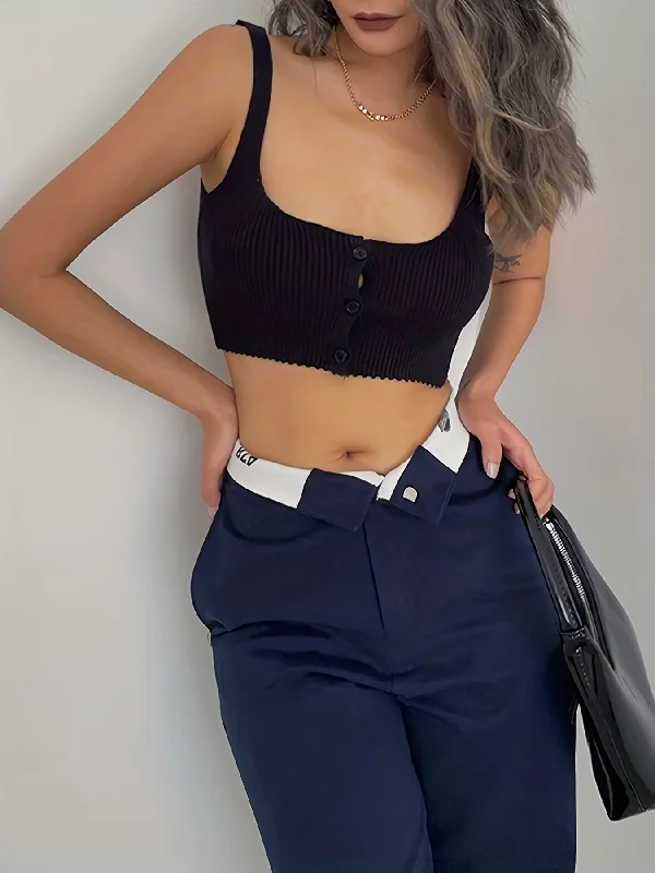 Weekend Special Sixsr Button Front Cropped Knit Vest, Sexy Squared Neck Sleeveless Solid Summer Vest, Women's Clothing Weekend Special Sixsr Button Front Cropped Knit Vest, Sexy Squared Neck Sleeveless Solid Summer Vest, Women's Clothing