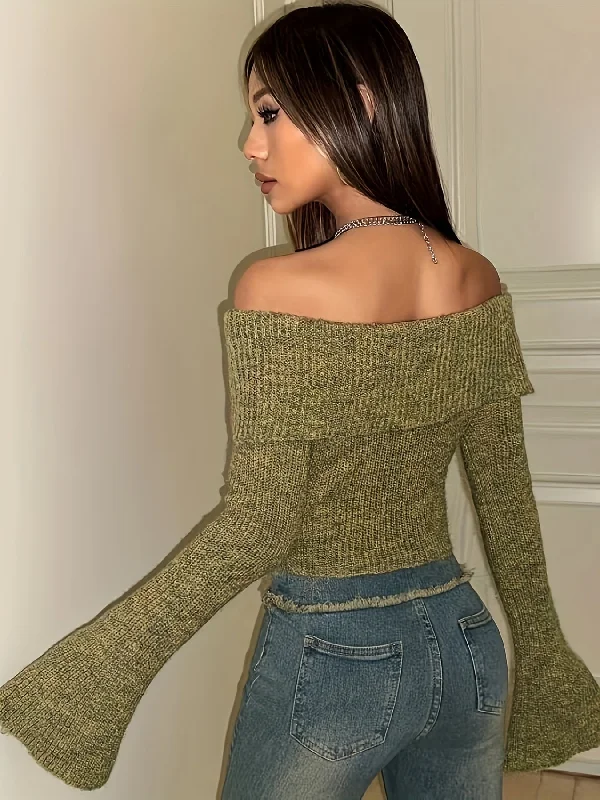 Weekend Deals You Can't Resist Sixsr Y2K Solid Off Shoulder Knitted Top, Bell Sleeve Crop Sweater For Spring & Fall, Women's Clothing Weekend Deals You Can't Resist Sixsr Y2K Solid Off Shoulder Knitted Top, Bell Sleeve Crop Sweater For Spring & Fall, Women's Clothing