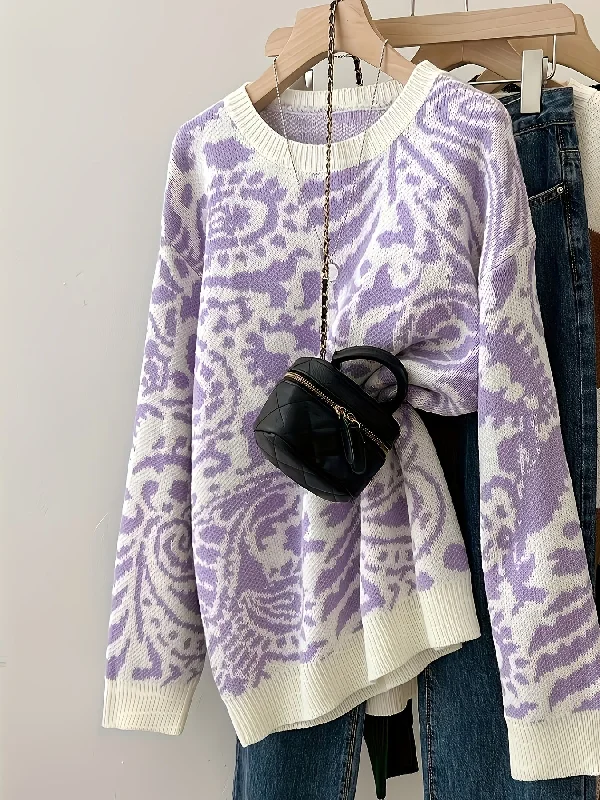 Weekend Bargains to Love Sixsr Allover Pattern Crew Neck Pullover Sweater, Casual Long Sleeve Loose Sweater, Women's Clothing Weekend Bargains to Love Sixsr Allover Pattern Crew Neck Pullover Sweater, Casual Long Sleeve Loose Sweater, Women's Clothing