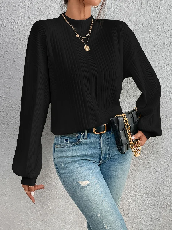 Overstock Sale Sixsr Solid Mock Neck Simple Knitted Top, Versatile Lantern Sleeve Drop Shoulder Sweater For Spring & Fall, Women's Clothing Overstock Sale Sixsr Solid Mock Neck Simple Knitted Top, Versatile Lantern Sleeve Drop Shoulder Sweater For Spring & Fall, Women's Clothing