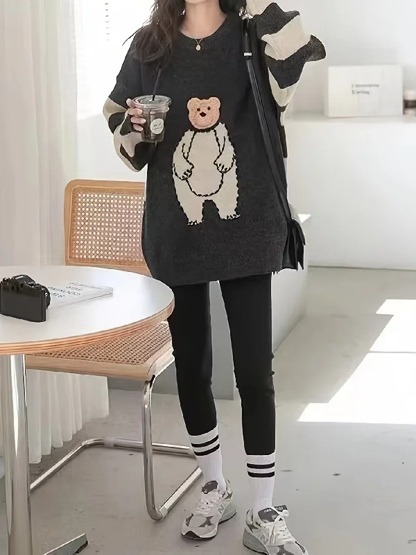 Weekend Bargains to Snag Sixsr Cute Bear Graphic Long Sleeve Sweater, Color Block Casual Every Day Sweater, Women's Clothing