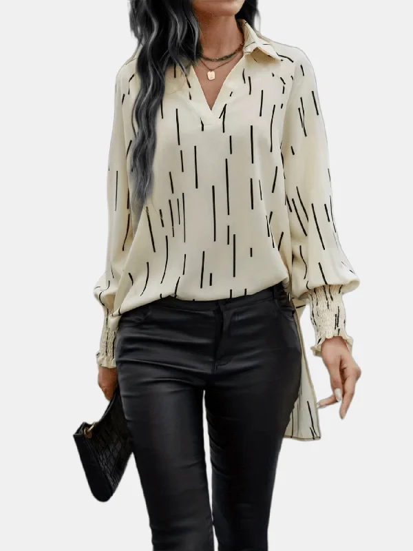 Weekend Special Sixsr Striped Print Dipped Hem Blouse, Casual Shirred Long Sleeve Blouse, Women's Clothing Weekend Special Sixsr Striped Print Dipped Hem Blouse, Casual Shirred Long Sleeve Blouse, Women's Clothing