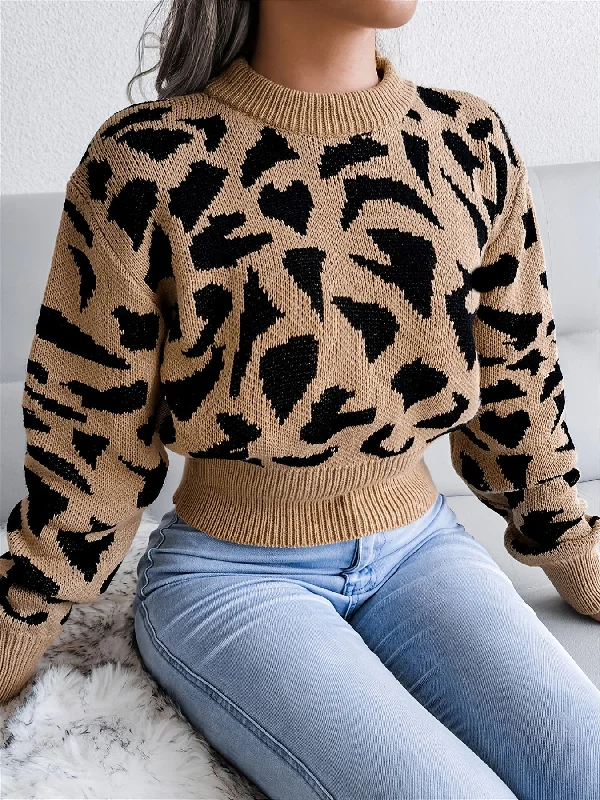 Midnight Sale Sixsr Leopard Print Crop Sweater, Casual Crew Neck Long Sleeve Sweater, Casual Tops For Fall & Winter, Women's Clothing Midnight Sale Sixsr Leopard Print Crop Sweater, Casual Crew Neck Long Sleeve Sweater, Casual Tops For Fall & Winter, Women's Clothing