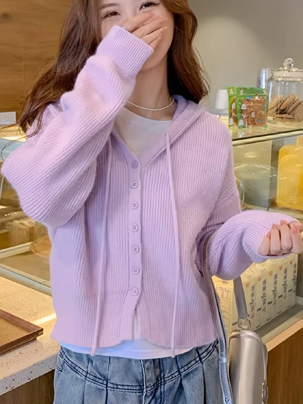 Weekend Discounts to Savor Sixsr Solid Button Down Drawstring Hooded Cardigan, Casual Long Sleeve Knit Sweater, Women's Clothing Weekend Discounts to Savor Sixsr Solid Button Down Drawstring Hooded Cardigan, Casual Long Sleeve Knit Sweater, Women's Clothing