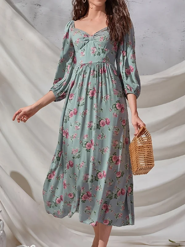 Fantastic Savings Sixsr Floral Print Squared Neck 3/4 Sleeve Dress, Elegant High Waist Ruffled Hem Maxi Dress, Women's Clothing Fantastic Savings Sixsr Floral Print Squared Neck 3/4 Sleeve Dress, Elegant High Waist Ruffled Hem Maxi Dress, Women's Clothing