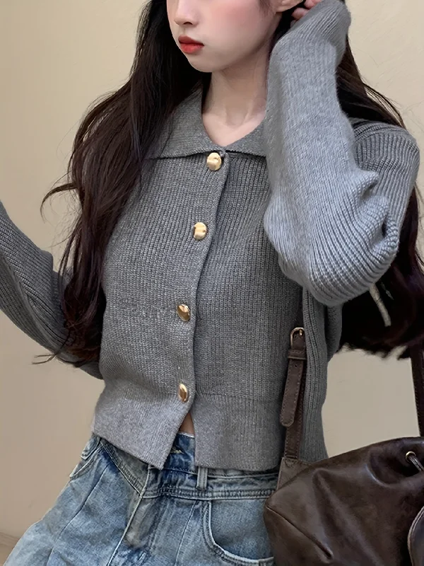 Can't Beat Sixsr Solid Button Up Knit Cardigan, Casual Turndown Collar Long Sleeve Sweater, Women's Clothing Can't Beat Sixsr Solid Button Up Knit Cardigan, Casual Turndown Collar Long Sleeve Sweater, Women's Clothing