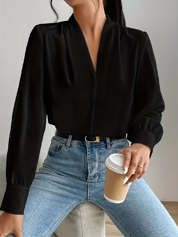Great Bargain Sixsr Tucked Simple Blouse, Casual V Neck Long Sleeve Blouse, Women's Clothing Great Bargain Sixsr Tucked Simple Blouse, Casual V Neck Long Sleeve Blouse, Women's Clothing