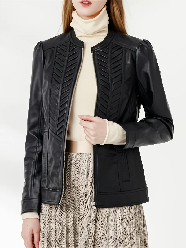 Weekend Steals Await Sixsr Faux Leather PU Zipper Coat, Elegant Woven Pattern Long Sleeve Fashion Loose Slim Outerwear, Women's Clothing Weekend Steals Await Sixsr Faux Leather PU Zipper Coat, Elegant Woven Pattern Long Sleeve Fashion Loose Slim Outerwear, Women's Clothing