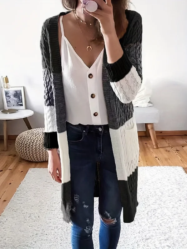 Weekend Deals That Wow Color Block Open Front Cable Knit Cardigan, Casual Long Sleeve Mid Length Pocket Sweater, Women's Clothing Weekend Deals That Wow Color Block Open Front Cable Knit Cardigan, Casual Long Sleeve Mid Length Pocket Sweater, Women's Clothing
