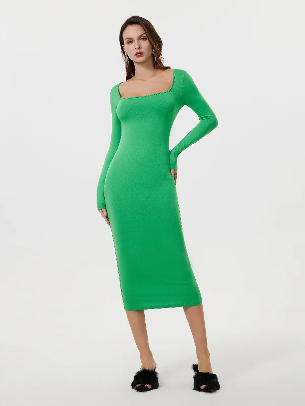 Weekend Discounts to Enjoy Sixsr Squared Neck Bodycon Dress, Casual Solid Long Sleeve Midi Dress, Women's Clothing Weekend Discounts to Enjoy Sixsr Squared Neck Bodycon Dress, Casual Solid Long Sleeve Midi Dress, Women's Clothing