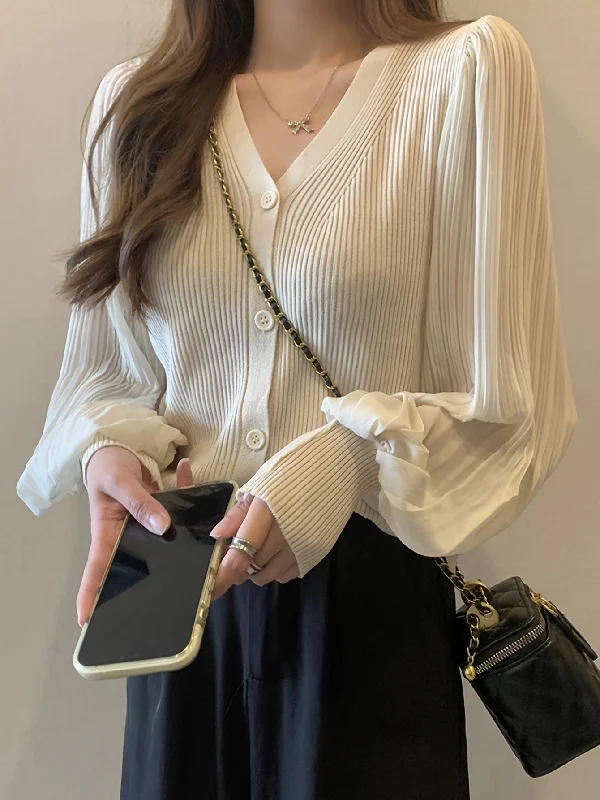 Early Access Sixsr Solid Button Down Knit Cardigan, Elegant Pleated Lantern Sleeve Top For Spring & Fall, Women's Clothing