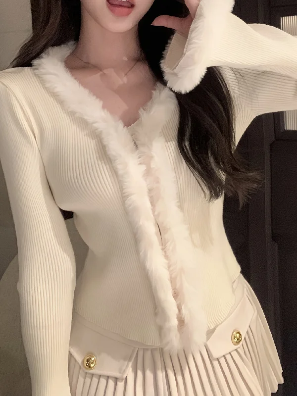 Sale Event Sixsr Solid Faux Fur Decor V-neck Cardigan, Elegant Long Sleeve Slim Knit Cardigan For Fall & Winter, Women's Clothing Sale Event Sixsr Solid Faux Fur Decor V-neck Cardigan, Elegant Long Sleeve Slim Knit Cardigan For Fall & Winter, Women's Clothing