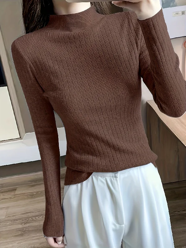 Mega Sale Sixsr Solid Mock Neck Sweater, Elegant Long Sleeve Pullover Sweater, Women's Clothing