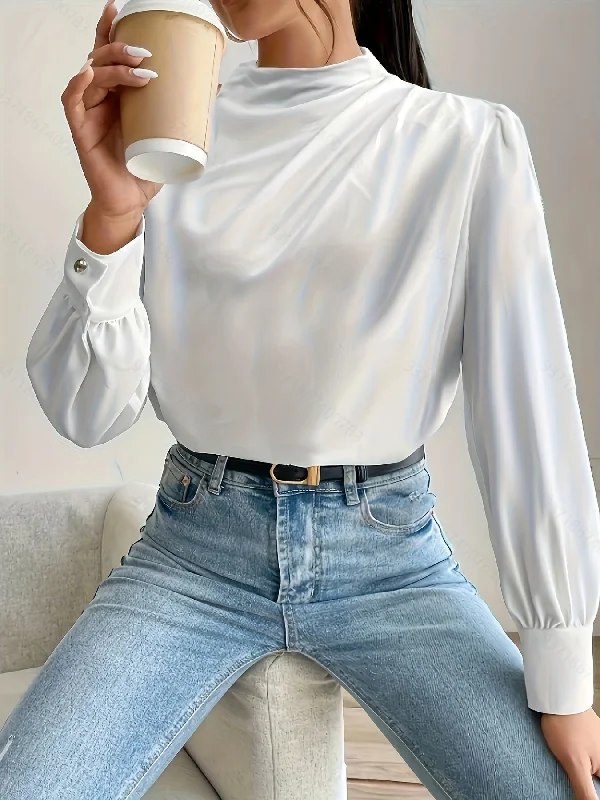 Unmissable Sale Sixsr Solid Ruched Mock Neck Blouse, Casual Long Sleeve Blouse For Spring & Fall, Women's Clothing Unmissable Sale Sixsr Solid Ruched Mock Neck Blouse, Casual Long Sleeve Blouse For Spring & Fall, Women's Clothing