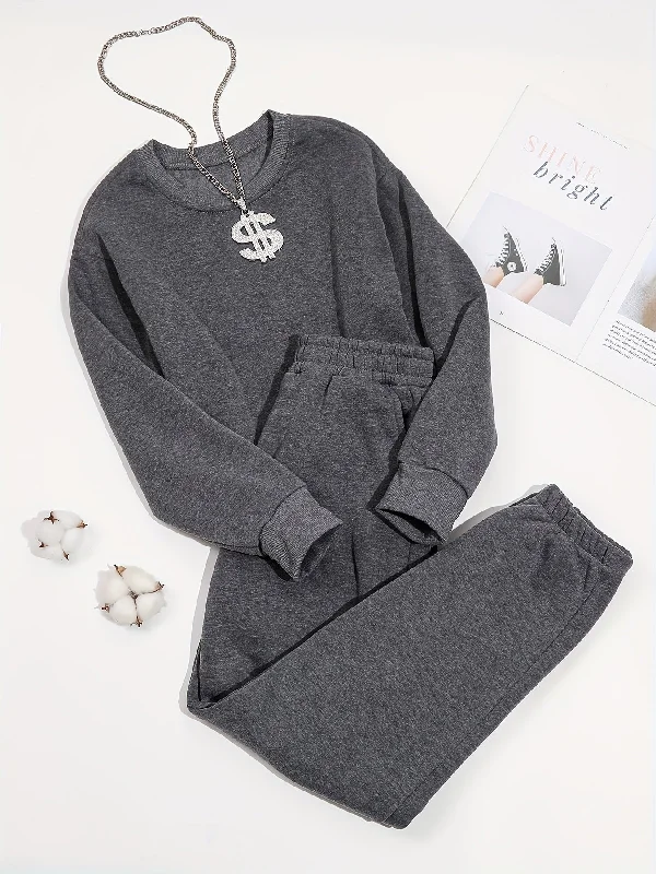 Weekend Special Sixsr 2pcs Long Sleeve Casual Sports Sets, Fleece Liner Crew Neck Pullover Sweatshirt & Casual Loose Sweatpants, Women's Activewear Weekend Special Sixsr 2pcs Long Sleeve Casual Sports Sets, Fleece Liner Crew Neck Pullover Sweatshirt & Casual Loose Sweatpants, Women's Activewear