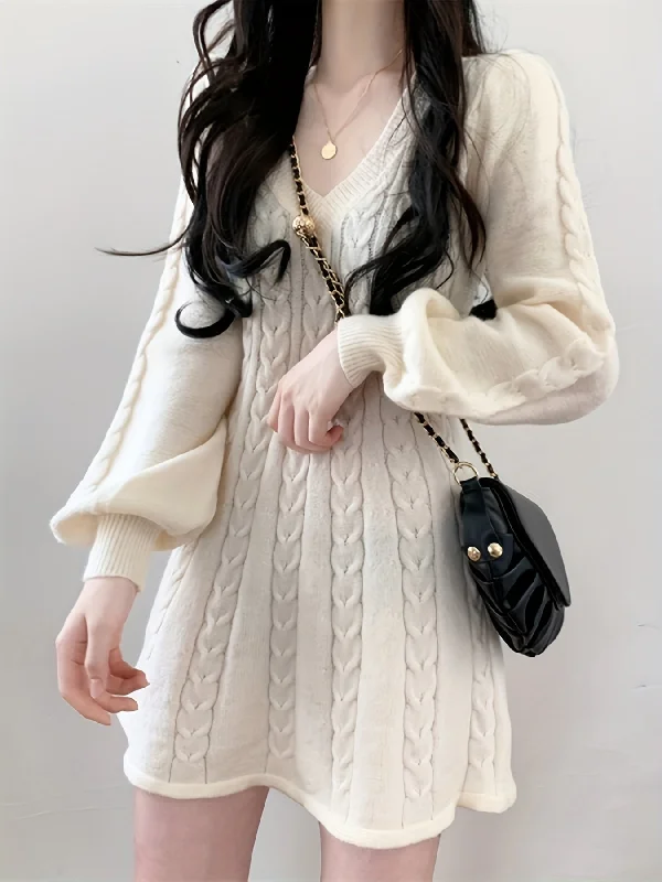 Weekend Discounts to Relish Sixsr Solid Cable Knit Dress, Elegant V Neck Lantern Long Sleeve Dress, Women's Clothing