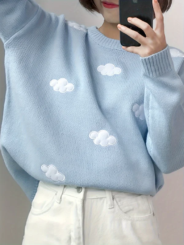 Massive Savings Sixsr Preppy Cloud Pattern Sweater, Long Sleeve Casual Cute Sweater For Winter & Fall, Women's Clothing Massive Savings Sixsr Preppy Cloud Pattern Sweater, Long Sleeve Casual Cute Sweater For Winter & Fall, Women's Clothing