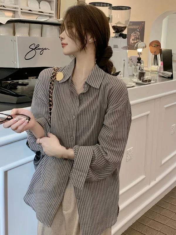 Weekend Specials to Delight Sixsr Stripe Print Polo Collar Button Shirt, Casual Long Sleeve Shirt For Spring & Fall, Women's Clothing
