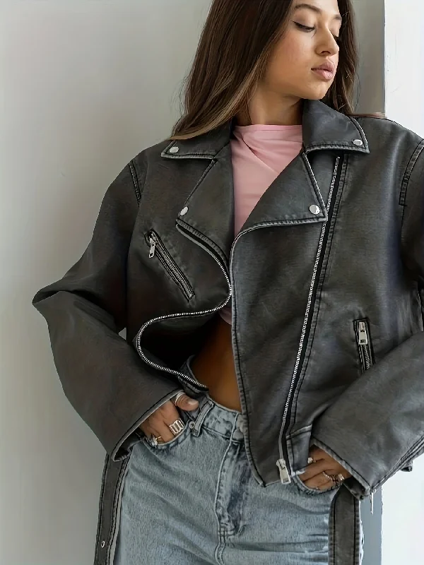 Markdown Sale Sixsr Vintage Lapel Belted Biker Jacket, Long Sleeve Slant Zipper Pockets Loose Jacket, Women's Clothing Markdown Sale Sixsr Vintage Lapel Belted Biker Jacket, Long Sleeve Slant Zipper Pockets Loose Jacket, Women's Clothing