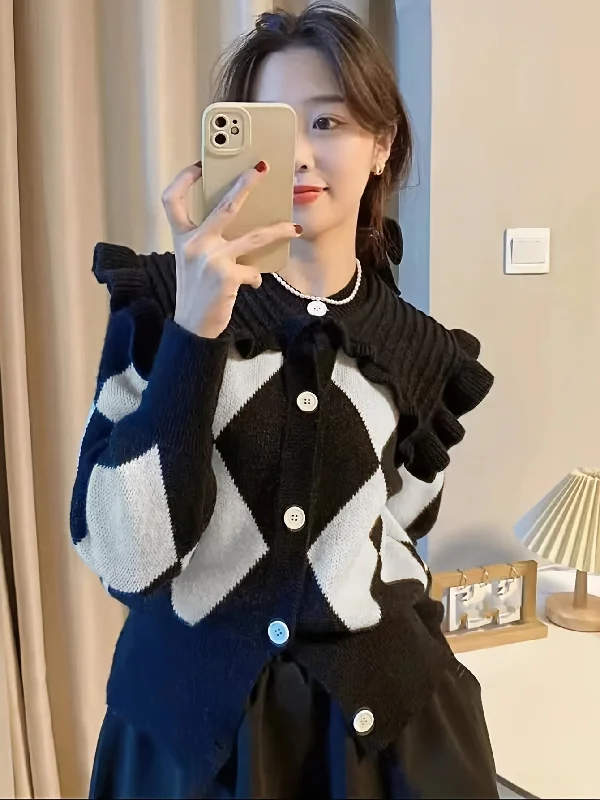 Weekend Offers That Dazzle Sixsr Argyle Pattern Knit Cardigan, Elegant Button Front Long Sleeve Sweater, Women's Clothing Weekend Offers That Dazzle Sixsr Argyle Pattern Knit Cardigan, Elegant Button Front Long Sleeve Sweater, Women's Clothing
