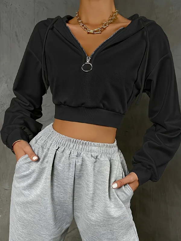 Weekend Savings Bonanza Sixsr Solid Zip Crop Hoodie, Casual Long Sleeve Drawstring Hoodies Sweatshirt, Women's Clothing Weekend Savings Bonanza Sixsr Solid Zip Crop Hoodie, Casual Long Sleeve Drawstring Hoodies Sweatshirt, Women's Clothing