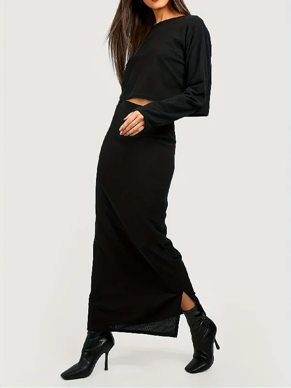 Super Discount Sixsr Elegant Solid Two-piece Skirt Set, Crew Neck Long Sleeve Top & High Waist Slit Skirts Outfits, Women's Clothing Super Discount Sixsr Elegant Solid Two-piece Skirt Set, Crew Neck Long Sleeve Top & High Waist Slit Skirts Outfits, Women's Clothing