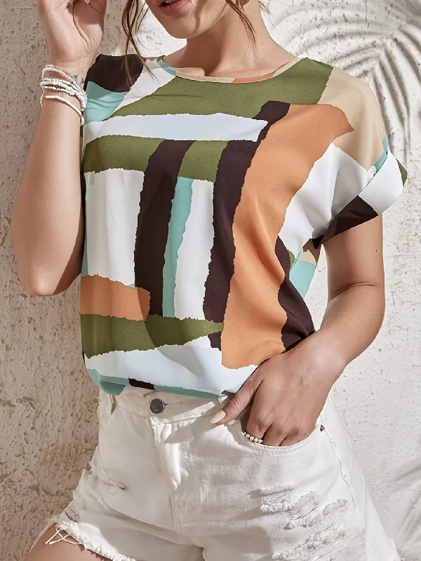 Steal Deal Sixsr Abstract Print Blouse, Casual Crew Neck Short Sleeve Blouse, Women's Clothing Steal Deal Sixsr Abstract Print Blouse, Casual Crew Neck Short Sleeve Blouse, Women's Clothing