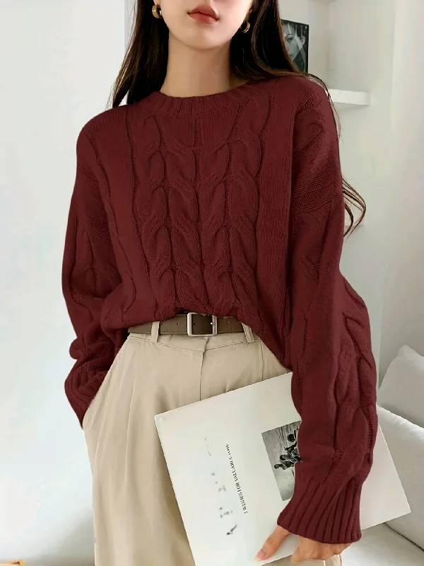 Weekend Offers That Delight Sixsr Plus Size Casual Sweater, Women's Plus Solid Cable Long Sleeve Round Neck Slight Stretch Pullover Sweater Weekend Offers That Delight Sixsr Plus Size Casual Sweater, Women's Plus Solid Cable Long Sleeve Round Neck Slight Stretch Pullover Sweater