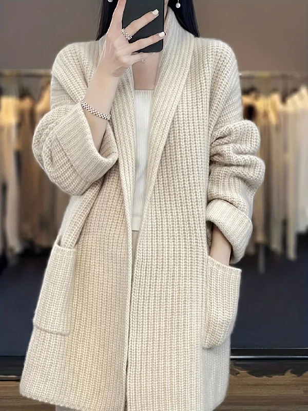 Act Fast Sixsr Solid Open Front Knit Cardigan, Casual Long Sleeve Oversized Sweater Coat With Pocket, Women's Clothing Act Fast Sixsr Solid Open Front Knit Cardigan, Casual Long Sleeve Oversized Sweater Coat With Pocket, Women's Clothing