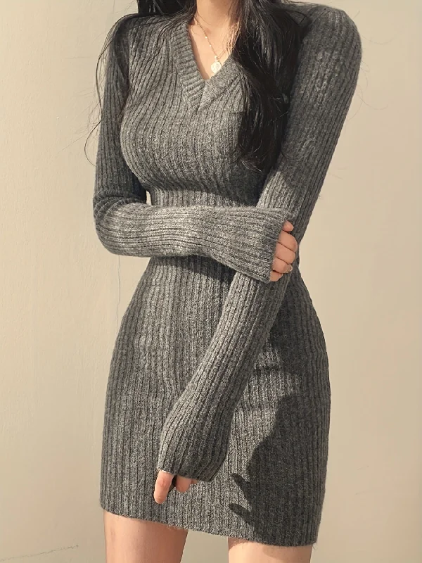 Weekend Bargains to Love Sixsr Solid Knit Sweater Dress, Elegant V Neck Long Sleeve Bodycon Dress For Fall & Winter, Women's Clothing Weekend Bargains to Love Sixsr Solid Knit Sweater Dress, Elegant V Neck Long Sleeve Bodycon Dress For Fall & Winter, Women's Clothing