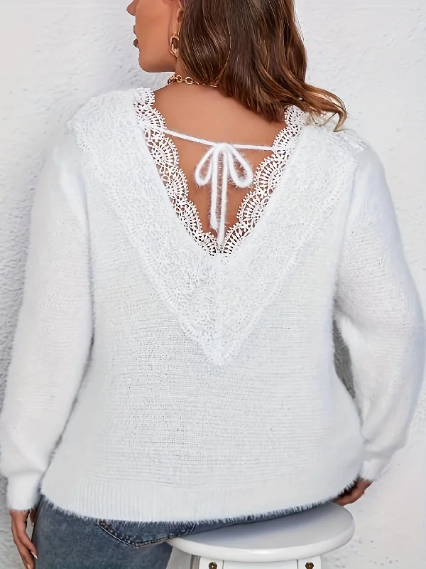 Weekend Offers That Shine Sixsr Lace Stitching Crew Neck Fuzzy Sweater, Casual Tied Back Long Sleeve Pullover Sweater, Women's Clothing Weekend Offers That Shine Sixsr Lace Stitching Crew Neck Fuzzy Sweater, Casual Tied Back Long Sleeve Pullover Sweater, Women's Clothing