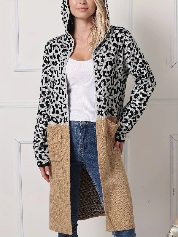 Weekend Specials to Indulge In Letter & Leopard Pattern Knit Hooded Cardigan, Casual Long Sleeve Mid Length Sweater With Pocket, Women's Clothing Weekend Specials to Indulge In Letter & Leopard Pattern Knit Hooded Cardigan, Casual Long Sleeve Mid Length Sweater With Pocket, Women's Clothing