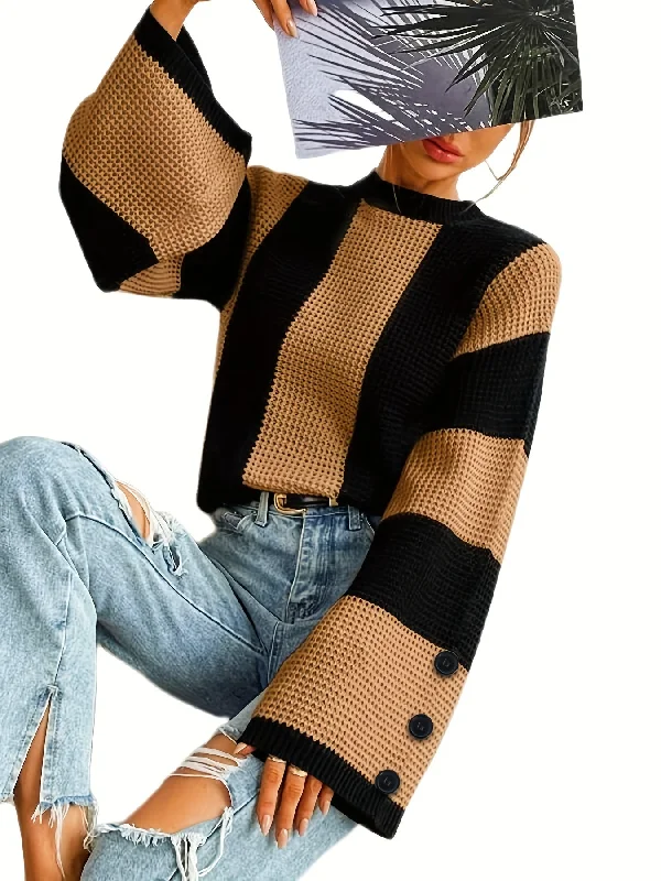 Weekend Specials to Cherish Sixsr Striped Flare Sleeve Pullover Sweater, Casual Button Decor Crew Neck Knitted Top, Women's Clothing Weekend Specials to Cherish Sixsr Striped Flare Sleeve Pullover Sweater, Casual Button Decor Crew Neck Knitted Top, Women's Clothing