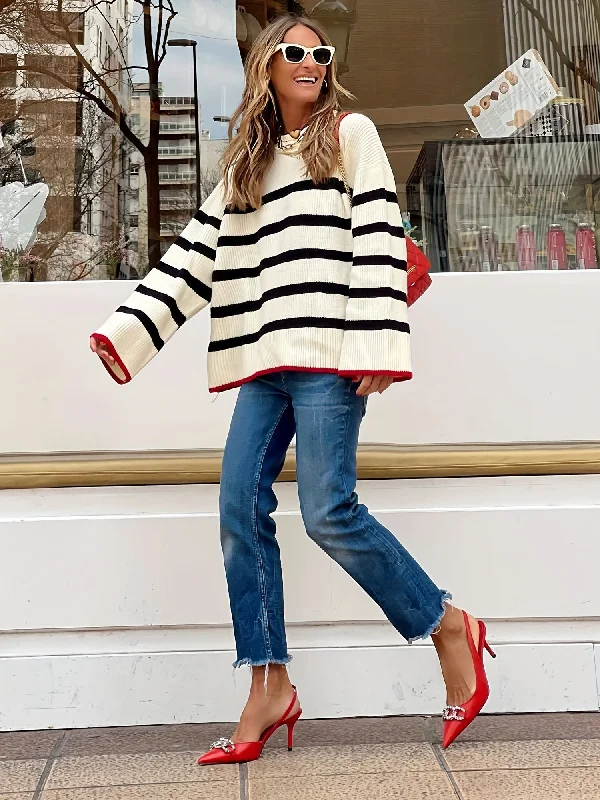 Now or Never Sixsr Striped Crew Neck Loose Sweater, Elegant Long Sleeve Sweater For Fall & Winter, Women's Clothing Now or Never Sixsr Striped Crew Neck Loose Sweater, Elegant Long Sleeve Sweater For Fall & Winter, Women's Clothing