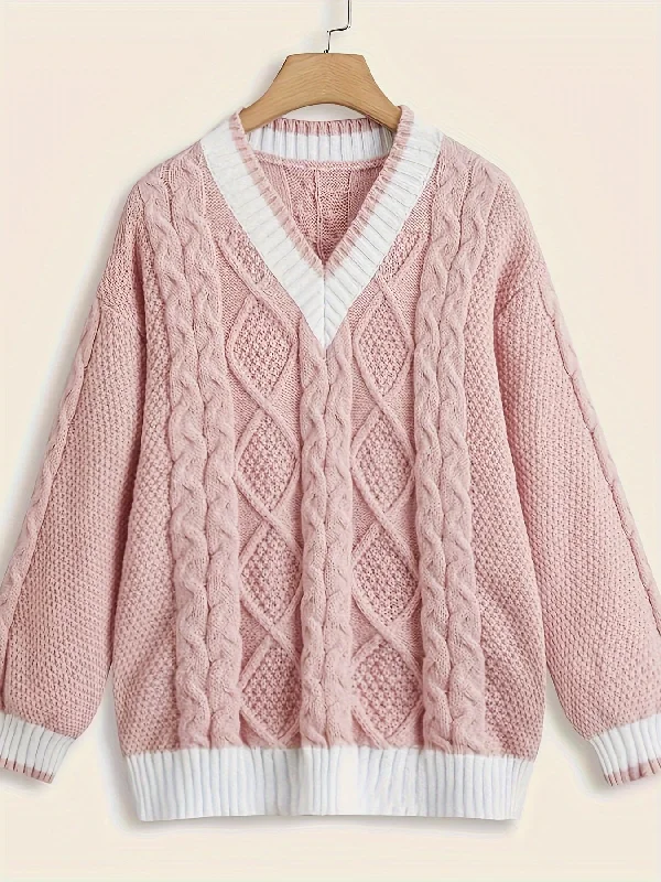 Weekend Discounts to Indulge In Sixsr Contrast Trin V Neck Cable Knit Sweater, Casual Long Sleeve Loose Pullover Sweater, Women's Clothing Weekend Discounts to Indulge In Sixsr Contrast Trin V Neck Cable Knit Sweater, Casual Long Sleeve Loose Pullover Sweater, Women's Clothing