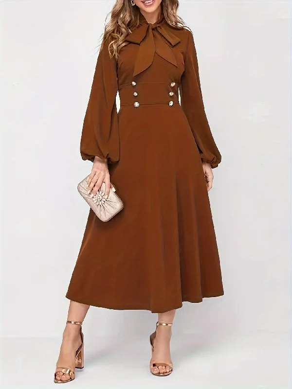 Weekend Savings Fiesta Sixsr Solid Tie Neck Midi Dress, Elegant Lantern Long Sleeve Dress, Women's Clothing Weekend Savings Fiesta Sixsr Solid Tie Neck Midi Dress, Elegant Lantern Long Sleeve Dress, Women's Clothing