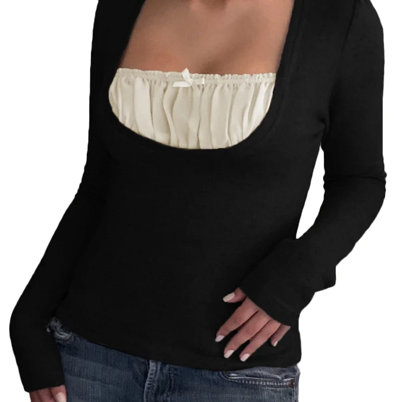 Reduced Price Sixsr Pleated Lace Stitching Ribbed T-Shirt, Casual Long Sleeve Top For Spring & Fall, Women's Clothing Reduced Price Sixsr Pleated Lace Stitching Ribbed T-Shirt, Casual Long Sleeve Top For Spring & Fall, Women's Clothing