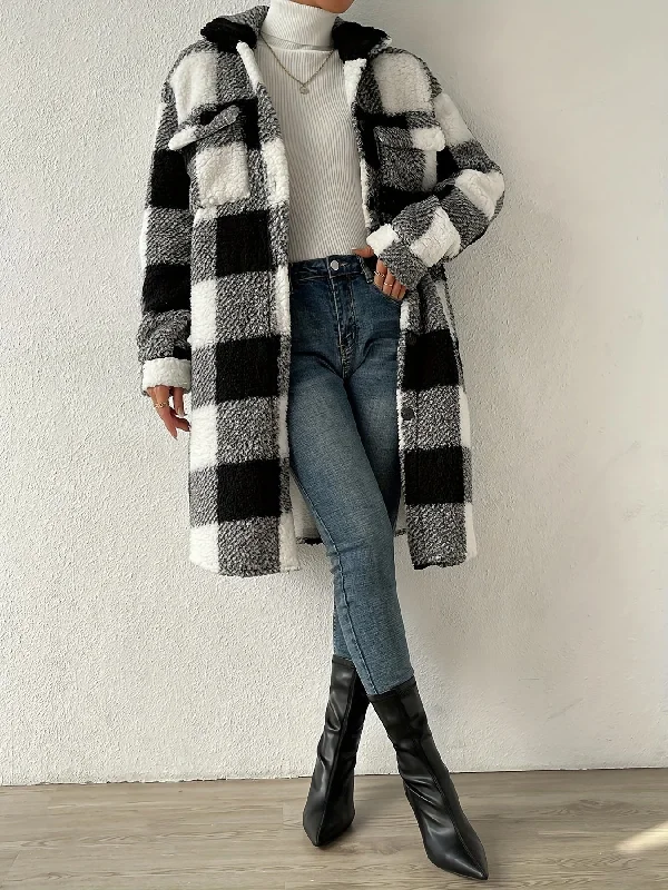 Now or Never Sixsr Plaid Pattern Teddy Coat, Casual Button Front Long Sleeve Outerwear, Women's Clothing Now or Never Sixsr Plaid Pattern Teddy Coat, Casual Button Front Long Sleeve Outerwear, Women's Clothing