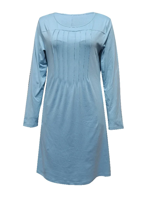 Weekend Savings Extravaganza Sixsr Tucked Solid Dress, Casual Crew Neck Long Sleeve Dress, Women's Clothing Weekend Savings Extravaganza Sixsr Tucked Solid Dress, Casual Crew Neck Long Sleeve Dress, Women's Clothing