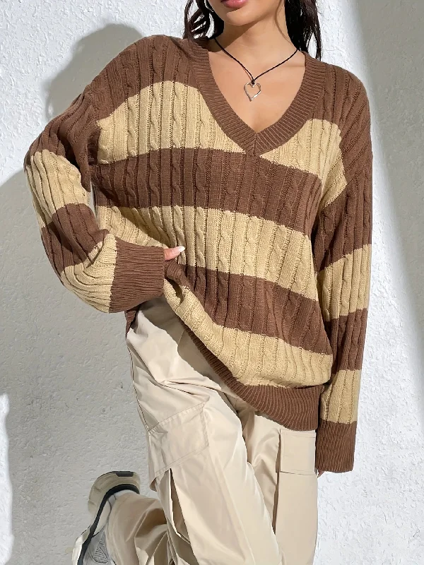 Mega Sale Sixsr Color Block V Neck Cable Knit Sweater, Casual Long Sleeve Drop Shoulder Sweater, Women's Clothing Mega Sale Sixsr Color Block V Neck Cable Knit Sweater, Casual Long Sleeve Drop Shoulder Sweater, Women's Clothing