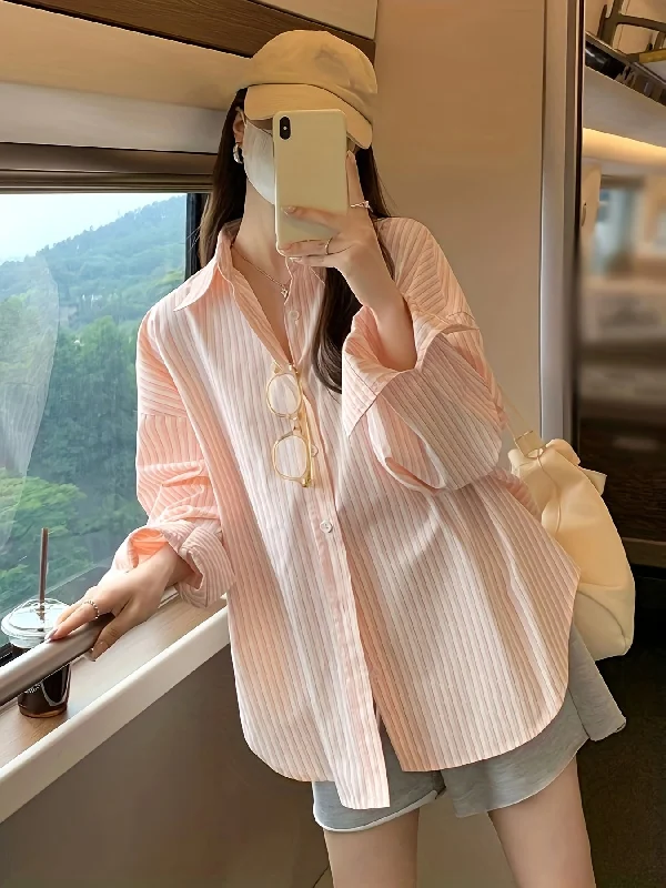 Crazy Deal Sixsr Stripe Print Button Front Shirt, Casual Long Sleeve Shirt For Spring & Fall, Women's Clothing Crazy Deal Sixsr Stripe Print Button Front Shirt, Casual Long Sleeve Shirt For Spring & Fall, Women's Clothing