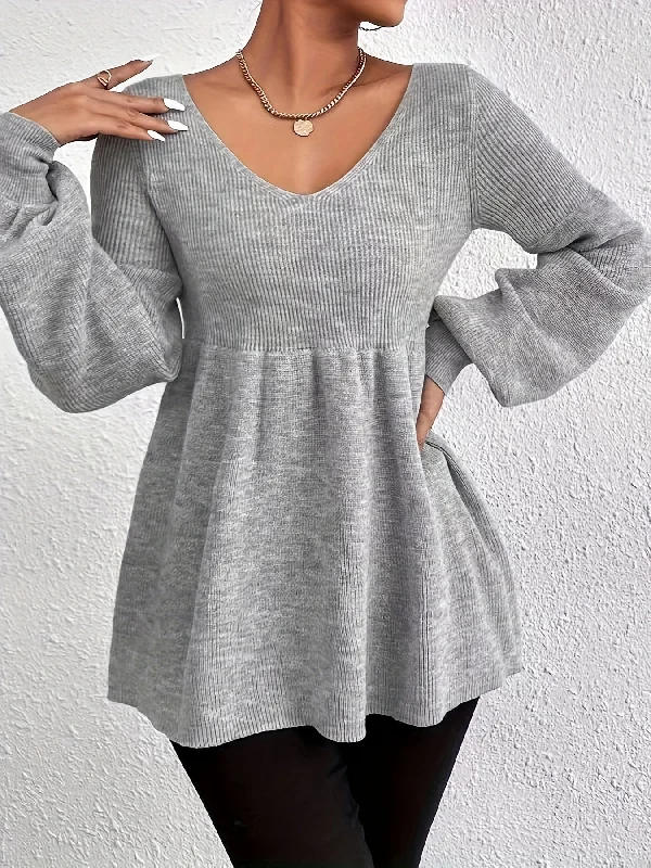 Weekend Specials Just for You Sixsr Solid V Neck Pullover Sweater, Casual Long Sleeve Ruffle Hem Loose Sweater, Women's Clothing Weekend Specials Just for You Sixsr Solid V Neck Pullover Sweater, Casual Long Sleeve Ruffle Hem Loose Sweater, Women's Clothing