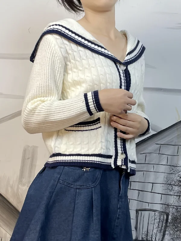 Exclusive Offer Sixsr Contrast Trim Button Down Knit Cardigan, Cute Sailor Collar Long Sleeve Sweater, Women's Clothing Exclusive Offer Sixsr Contrast Trim Button Down Knit Cardigan, Cute Sailor Collar Long Sleeve Sweater, Women's Clothing