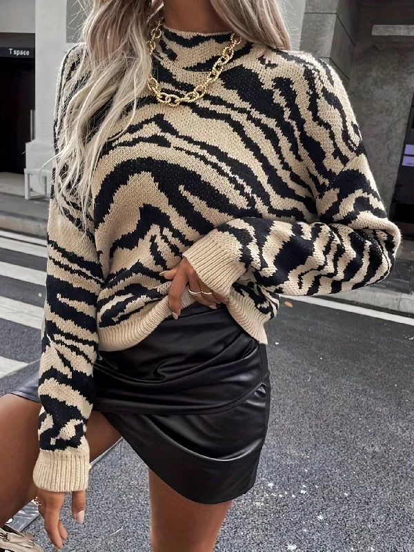 Savings Galore Sixsr Zebra Pattern Mock Neck Pullover Sweater, Casual Long Sleeve Sweater For Fall & Winter, Women's Clothing Savings Galore Sixsr Zebra Pattern Mock Neck Pullover Sweater, Casual Long Sleeve Sweater For Fall & Winter, Women's Clothing