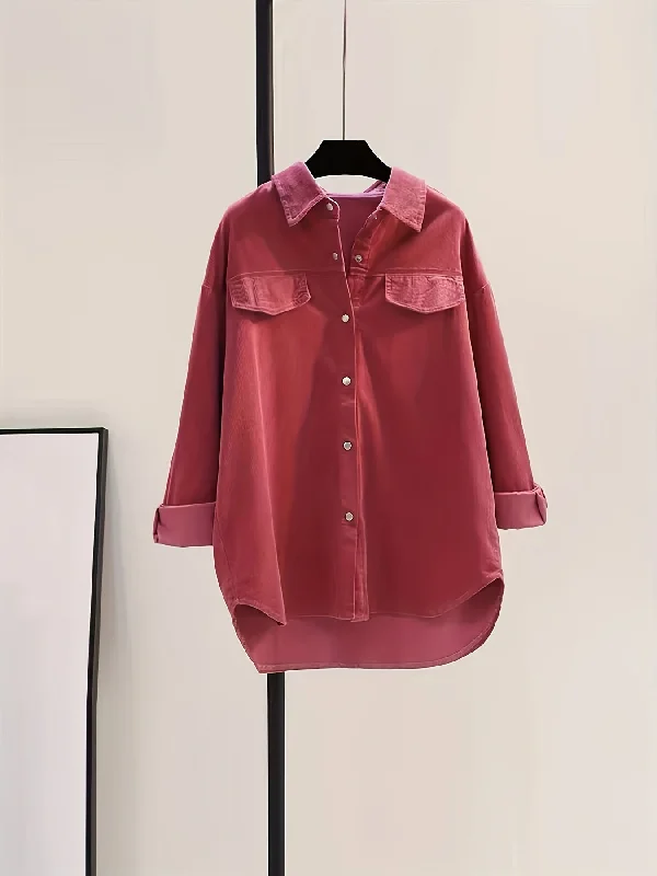 Time-Sensitive Sixsr Solid Button Front Corduroy Shirt, Versatile Long Sleeve Loose Shirt For Spring & Fall, Women's Clothing Time-Sensitive Sixsr Solid Button Front Corduroy Shirt, Versatile Long Sleeve Loose Shirt For Spring & Fall, Women's Clothing