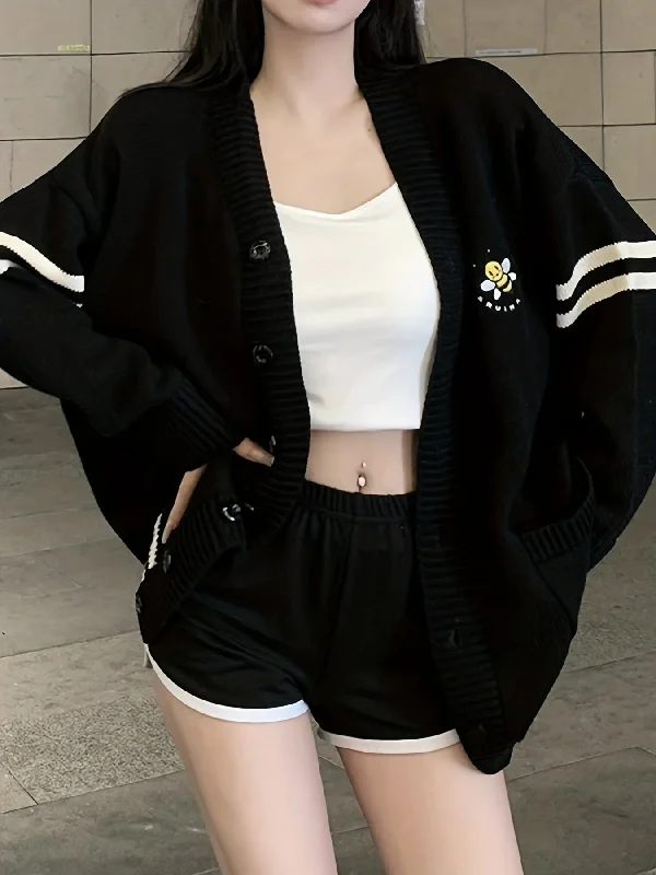 Take Advantage Sixsr Bee Embroidered Striped Cardigan, Casual Long Sleeve Cardigan For Fall & Winter, Women's Clothing Take Advantage Sixsr Bee Embroidered Striped Cardigan, Casual Long Sleeve Cardigan For Fall & Winter, Women's Clothing